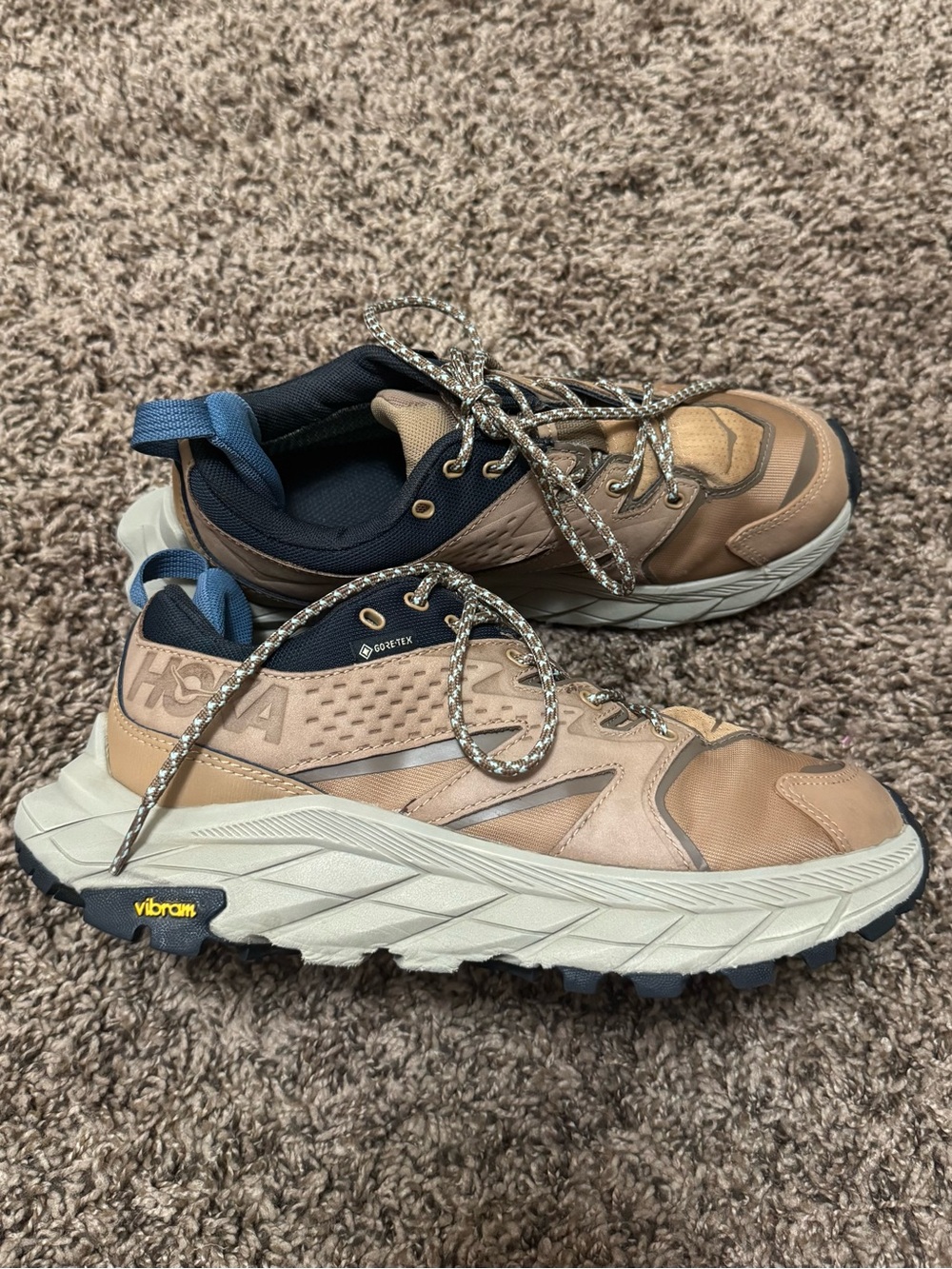 Hoka One One Women's Trail Running Shoes in Tan and Navy Hoka Hiking Shoes
